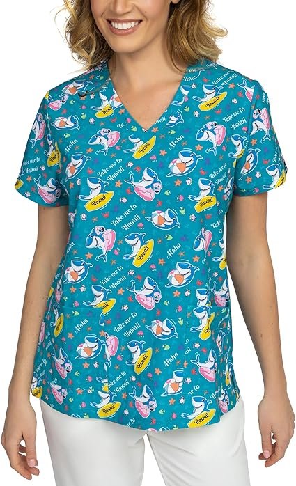 Casaca Sanitaria Elástica B-well Isabella Modelo Tiburones - Cuello en V con 6% Elastano