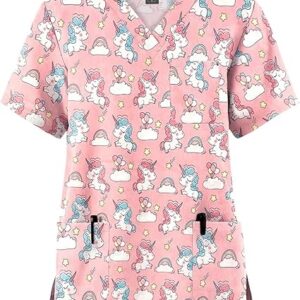 Casaca Sanitaria de Verano con Estampado de Unicornios - Camiseta Médica con Cuello en V