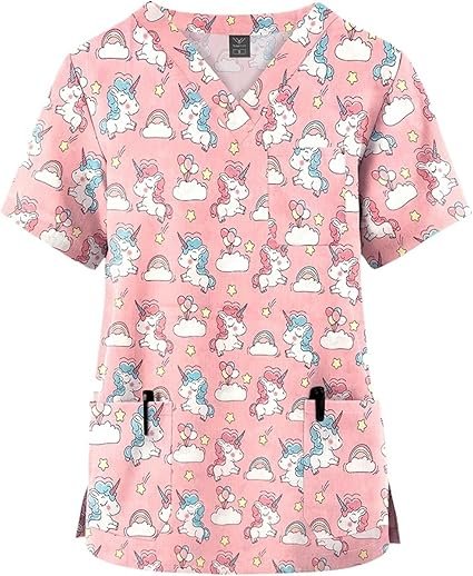 Casaca Sanitaria de Verano con Estampado de Unicornios - Camiseta Médica con Cuello en V