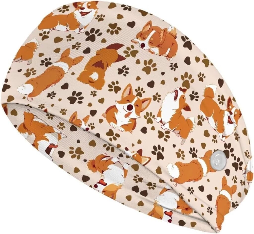 Diadema con Botones "Huellas de Corgi" - Banda Elástica Antideslizante para Enfermeras y Veterinaria