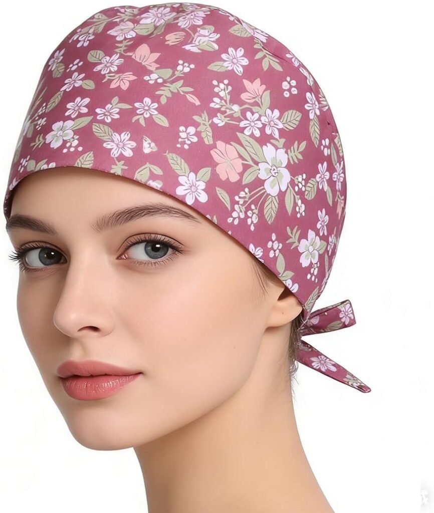 Gorro de Quirófano Floral Rosa - Gorro Sanitario de Algodón Ajustable con Botones Laterales