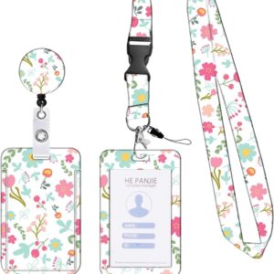 Lanyard con Tarjetero y Cordón Retráctil - Porta Tarjetas Doble con Estampado Botánico Flores de Primavera