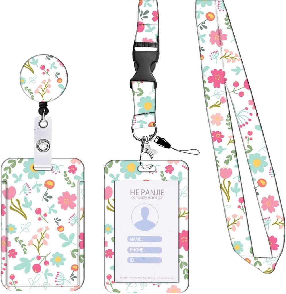 Lanyard con Tarjetero y Cordón Retráctil - Porta Tarjetas Doble con Estampado Botánico Flores de Primavera